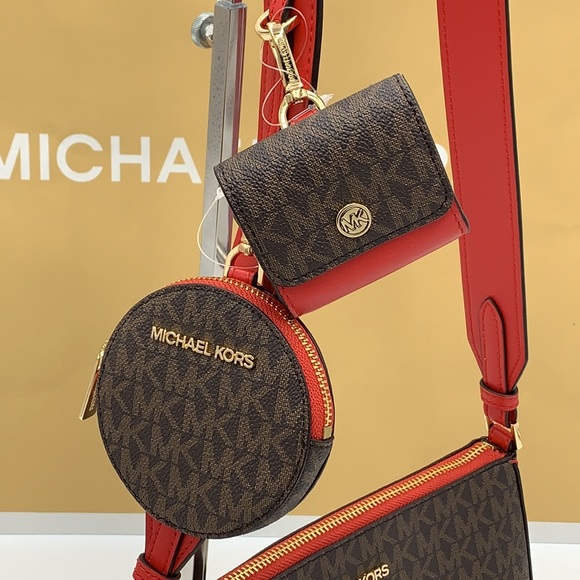 Michael Kors Jet Set Travel Small Crossbody w Tech Attch Flame/Brown signature - Picture 4 of 16